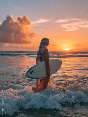 Leinwand Poster A Photo Of A Middle-Eastern Woman Learning To Surf In Byron Bay Australia