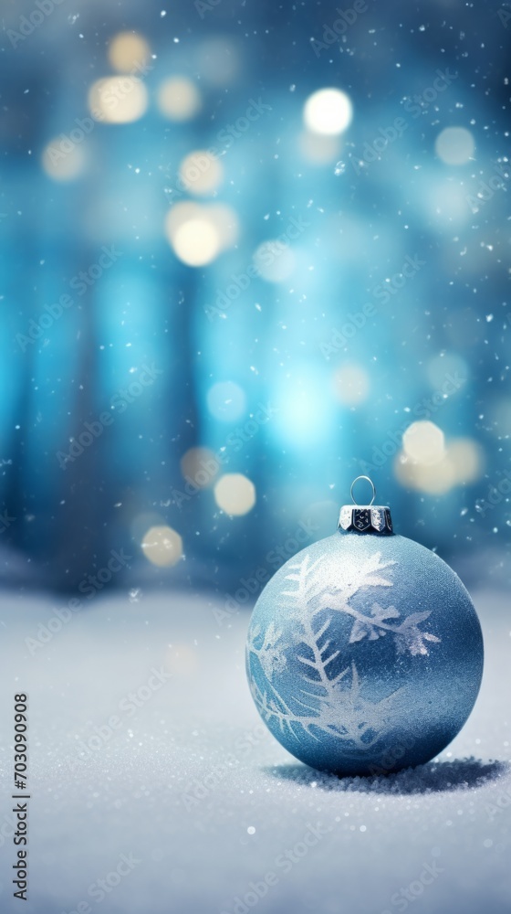 Blue Christmas Ornament on Snowy Ground Blue Christmas Ornament on Snowy Ground