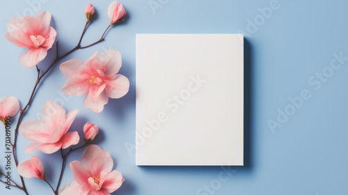 A white blank canvas surrounded by delicate pink flowers against a blue background. © tashechka