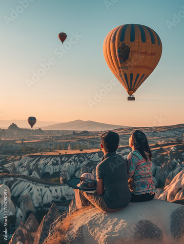 A Photo Of A Young Asian Couple Enjoying A Scenic Hot Air Balloon Ride Over Cappadocia Turkey