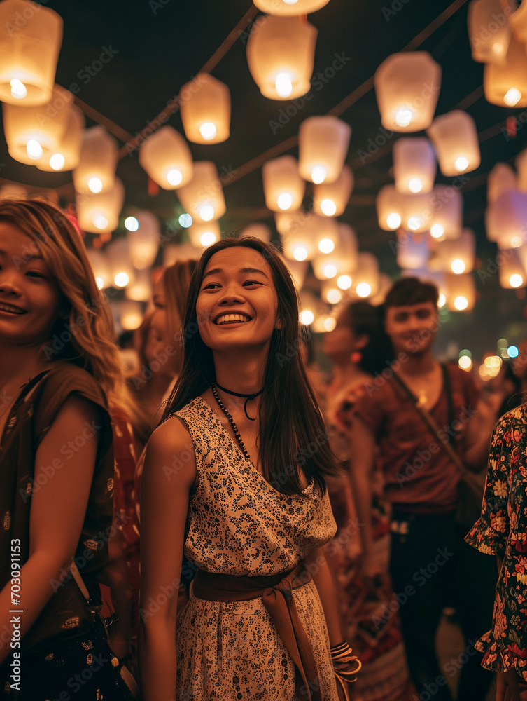 A Photo Of A Group Of Friends From Different Ethnic Backgrounds At A Lantern Festival In Chiang Mai Thailand