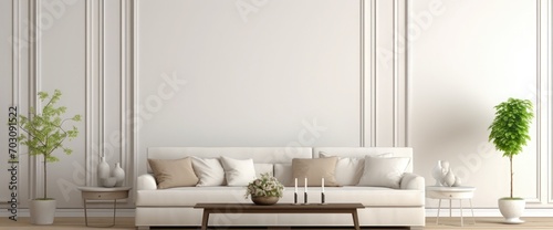 Hampton style living room interior background, empty wall mockup, 3d render