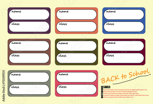 Notebook Labels Vector Template Design. School Book Labels Template. Name and Class Set Stickers.	