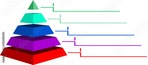 Infographic illustration of purple with red with purple with blue and green triangles divided and label, Pyramid shape made of five layers for presenting business idea or disparity