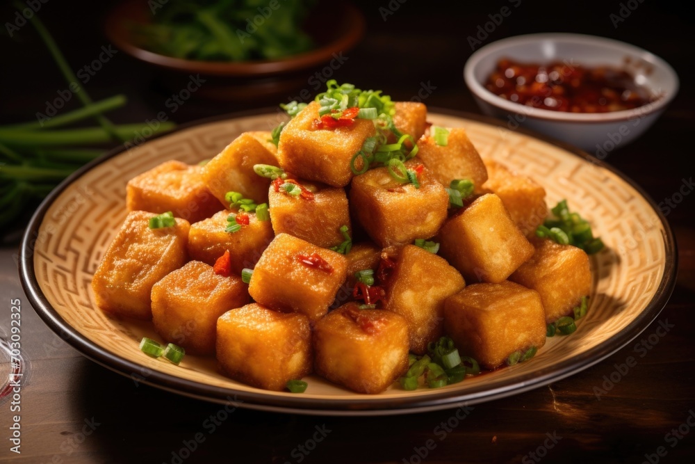 A vibrant food shot showcases a plate of Crispy Fried Tofu Bites, a popular Taiwanese street food snack. Each bitesized piece of tofu is expertly fried to achieve a goldenbrown, crispy exterior, A vibrant food shot showcases a plate of Crispy Fried Tofu Bites, a popular Taiwanese street food snack. Each bitesized piece of tofu is expertly fried to achieve a goldenbrown, crispy exterior,
