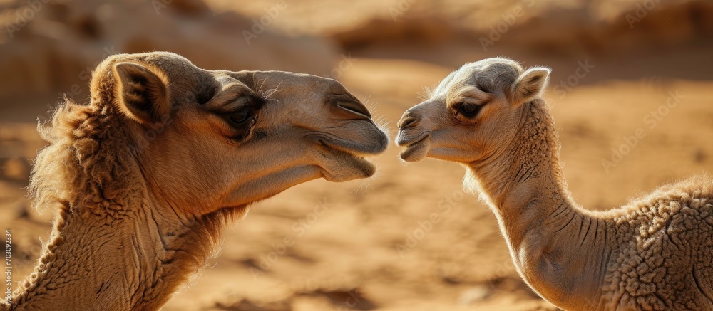Baby camel and mother in the Sahara Desert, near Douz, Tunisia, playing together. - obrazy, fototapety, plakaty 