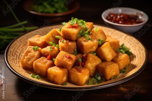 A vibrant food shot showcases a plate of Crispy Fried Tofu Bites, a popular Taiwanese street food snack. Each bitesized piece of tofu is expertly fried to achieve a goldenbrown, crispy exterior,