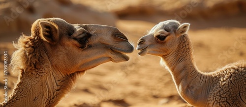 Baby camel and mother in the Sahara Desert  near Douz  Tunisia  playing together.