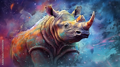 Majestic Rhino Immersed In a Vivid  Cosmic Cloud of Colorful Nebulae. Cosmic wallpaper