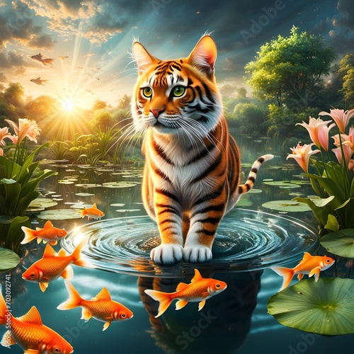 Tiger Cat Kitten Fishes In Goldfish Pond photo