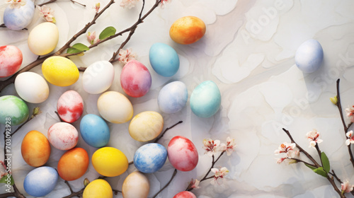 A delightful array of colorful Easter eggs adorned with spring cherry blossoms on a luxurious marble background.
