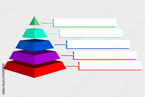 Infographic hierarchical statistical illustration of purple with red with purple with blue and green triangles divided and label, Pyramid shape made of five layers for presenting business