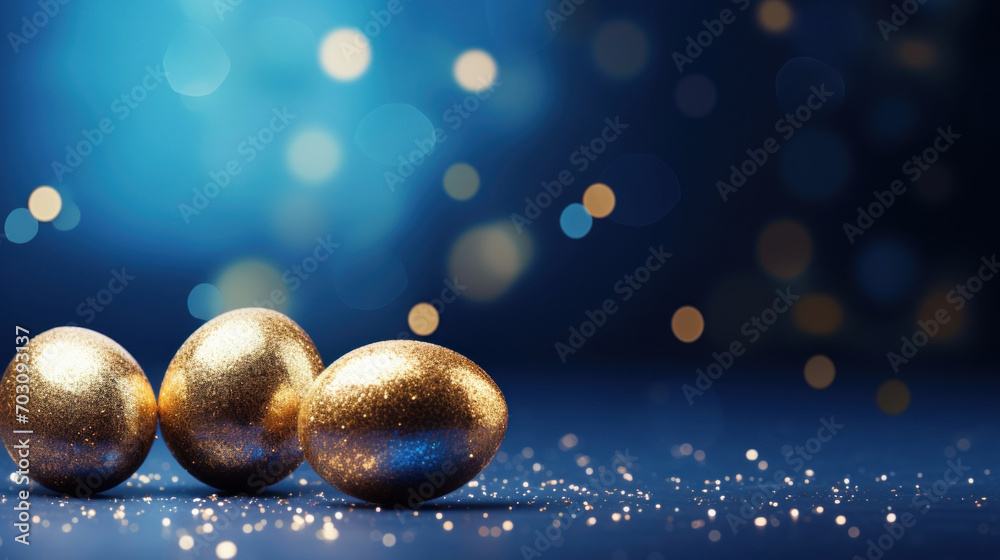 Fototapeta premium Festive golden eggs with sparkling glitter on a shimmering blue background with bokeh, celebration concept.