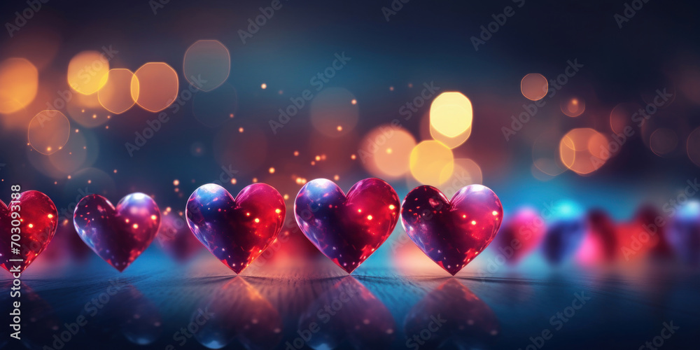 Transparent heart shapes in a row, glowing with an ethereal light on a wooden surface against a bokeh background.