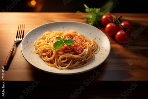 Generative AI Image of Delicious Spaghetti Noodles with Tomato Sauce in a White Plate