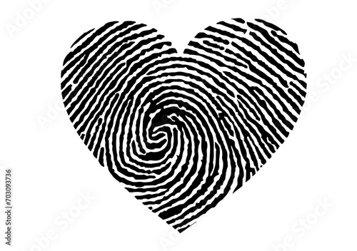black and white hand drawn of Heart-shaped human fingerprint isolated in white 