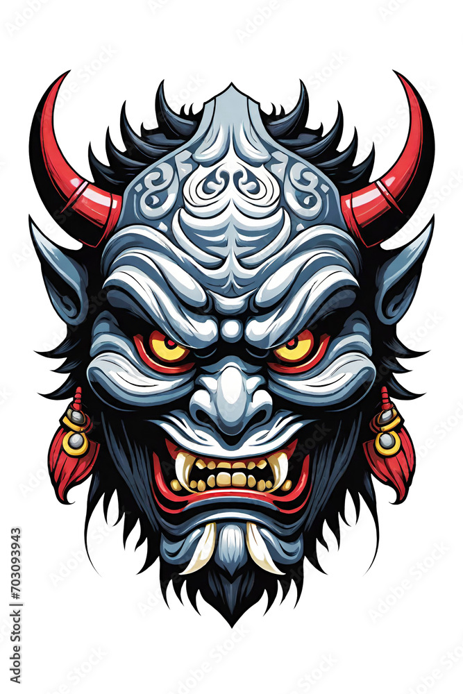 Tribal oni mask of the devil japan style illustration on transparent background
