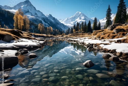 Landscape Photography of a peaceful mountain scene, with towering snow-capped peaks reaching towards the sky