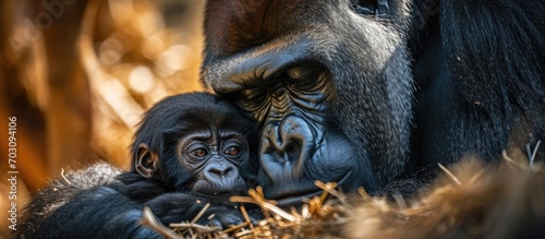 Mother and baby gorilla in Cabarceno, Santander, Spain.