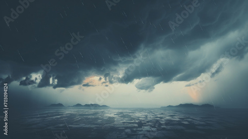 A breathtaking view of a rainstorm with streaks of rain over salt flats against a twilight sky  showcasing nature s drama.