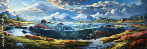 Anime background scene of a big lake in the nature and a volcano, illustration