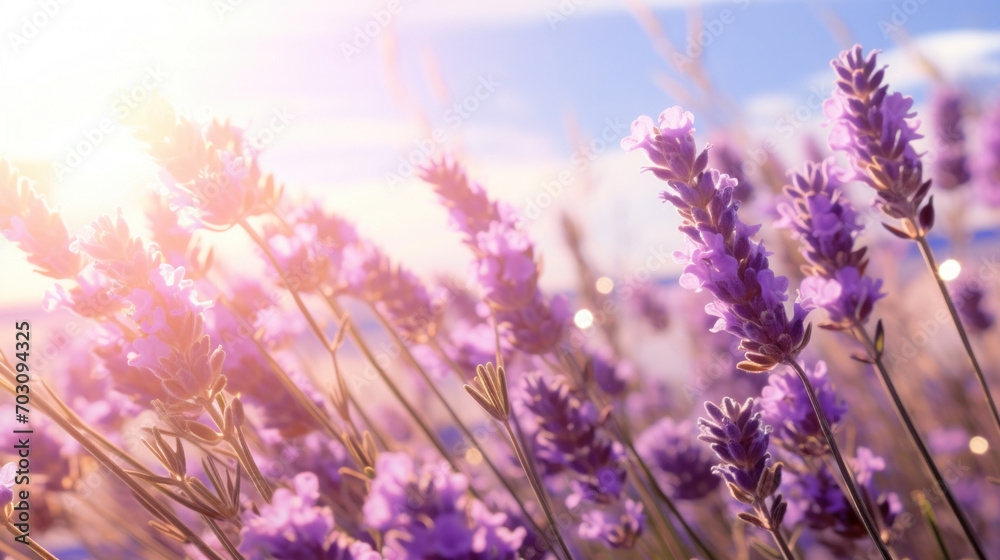 Obraz premium A serene lavender field with flowers lit by the warm, radiant light of the setting sun, creating a tranquil scene.
