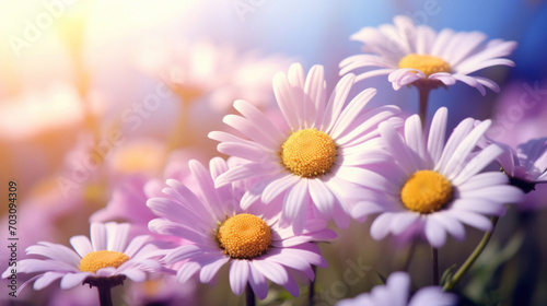 Vivid white daisies with a soft focus, bathed in the golden glow of the sun's rays, evoke a dreamy atmosphere.