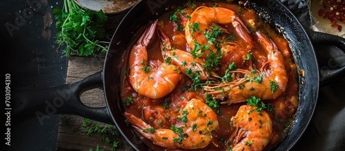 Portuguese-style garlic white wine sauce with prawns and fish in a cataplana stew. photo