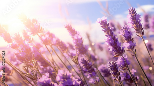 A serene lavender field with flowers lit by the warm, radiant light of the setting sun, creating a tranquil scene.