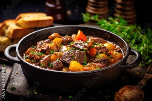 A visually appealing shot of a rustic and hearty beef stew, bubbling in a castiron pot, with tender chunks of beef, root vegetables, and aromatic es, simmered to perfection and served with