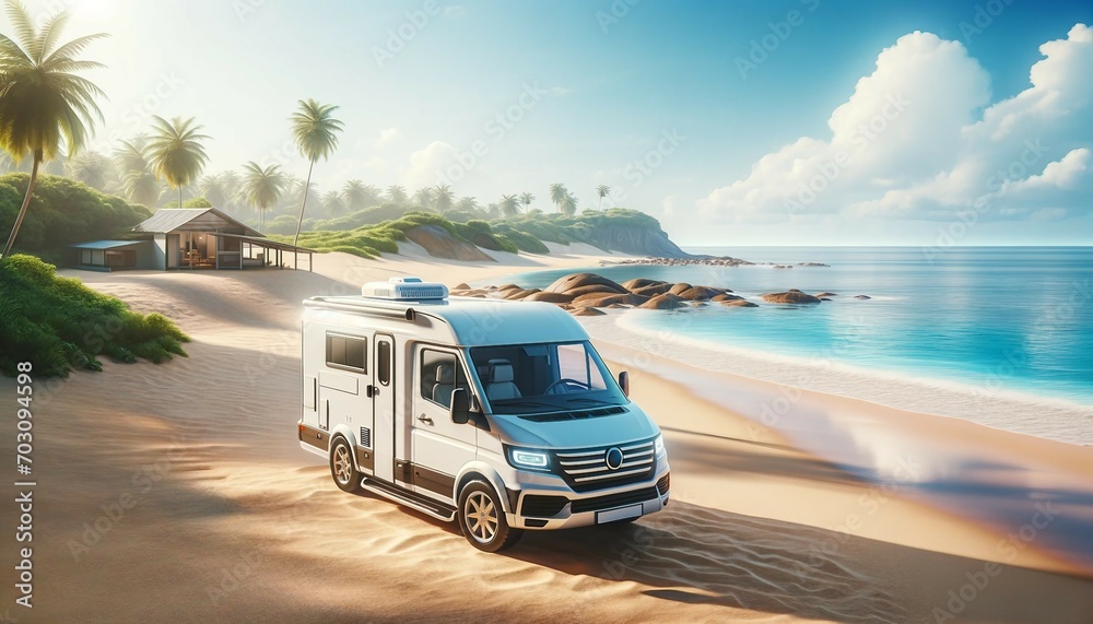 Camper car on tropical beach with palm trees. 3d rendering - obrazy, fototapety, plakaty 