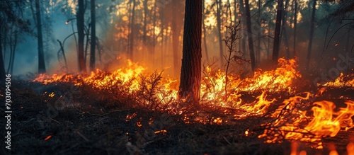 Forest fire caused by pollution in the environment.