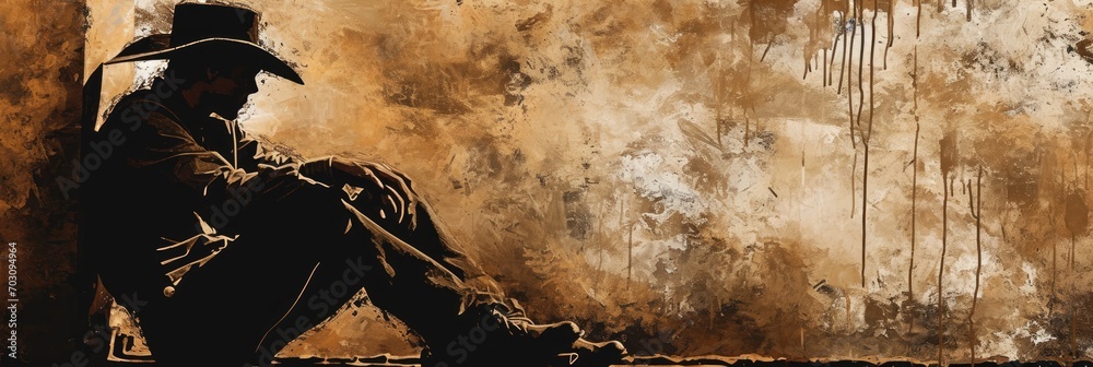 Cowboy wearing Black is Sat on a Grunge Wall in the Style of Pop Art