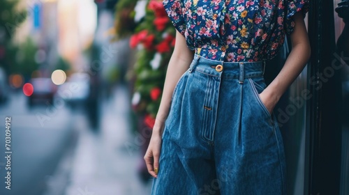 For a more feminine take on the denim vest, try a dainty floral blouse tucked into highwaisted wideleg trousers and finished off with delicate pointedtoe flats. photo