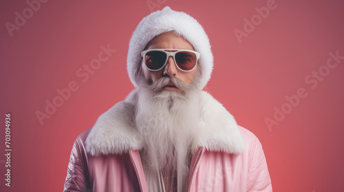 A contemporary take on Santa Claus, featuring a man with a white beard in stylish sunglasses and a pink jacket.