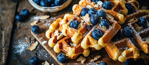 Belgium Waffles with Blueberries and Almonds made at home.