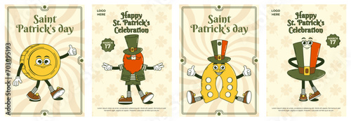 Happy Saint Patricks Day retro set greeting card, party invitation. Funky groovy cartoon characters. Vintage funny mascot patch psychedelic smile and emotion. Comic trendy vector illustration