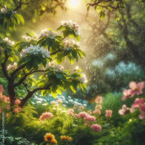 flowering tree in a refreshing rain shower in summertime on blurred nature background in an idyllic garden with fresh green vegetation