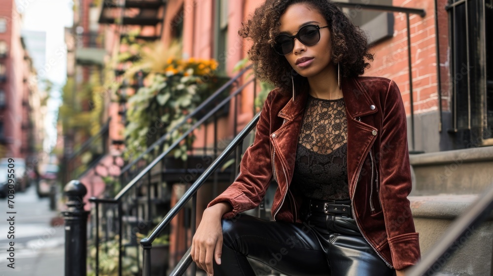 Chic and sophisticated Elevate your outfit with a plush velvet moto jacket, paired with a delicate lace top and sleek leather leggings. Complete the look with elegant, heeled booties for