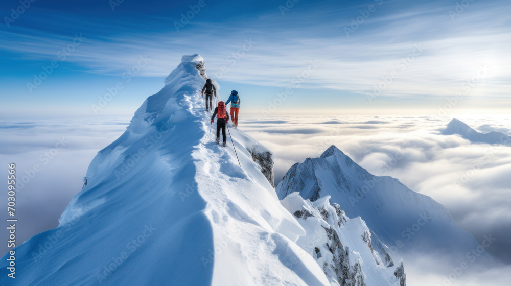 A group of climbers in bright gear ascend a snow-capped mountain ridge above a sea of clouds under a clear blue sky.