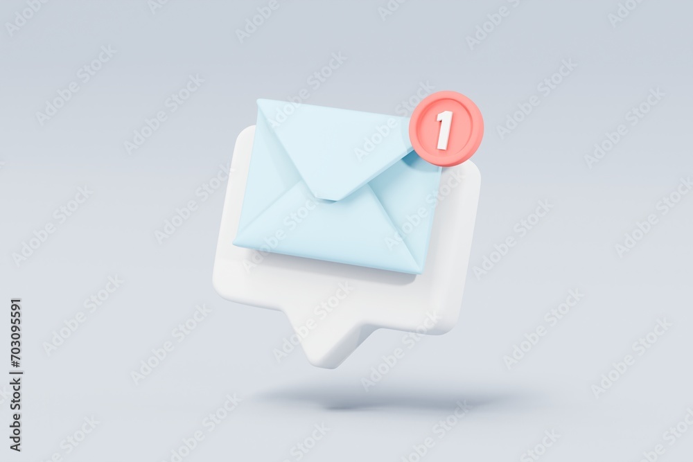 3d mail envelope icon with notification new message sign icon. Minimal 3d email letter with notification red bubble unread icon. message mailbox concept 3d icon. isolated blue background 3d rendering. - obrazy, fototapety, plakaty 