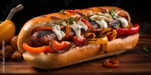 A smoky sausage, grilled until it reaches a tantalizing char, cradled within a soft ciabatta roll, slathered with a lipsmacking garlic aioli, and topped with a colorful medley of grilled
