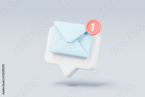 3d mail envelope icon with notification new message sign icon. Minimal 3d email letter with notification red bubble unread icon. message mailbox concept 3d icon. isolated blue background 3d rendering. photo