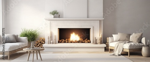 Mock up poster in modern home interior with fireplace  Scandinavian style  3d render