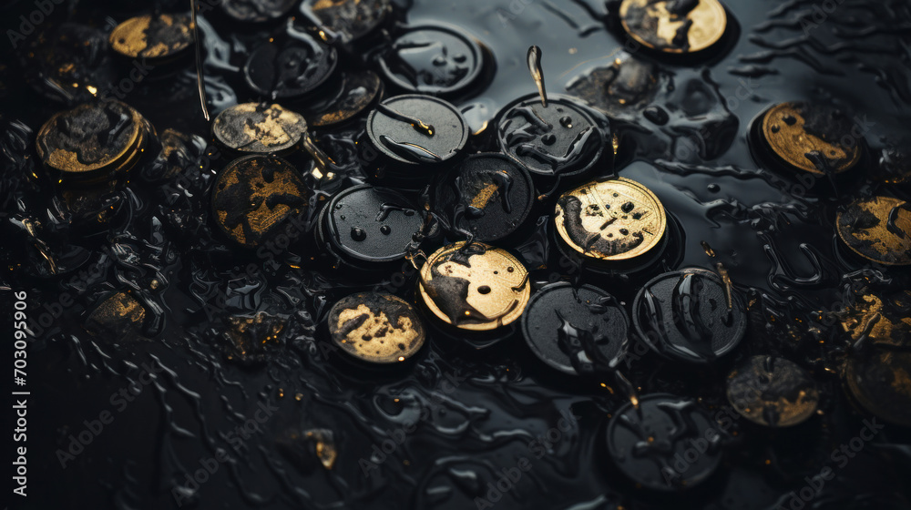 Antique metal buttons submerged in a dark oil spill, creating an abstract art concept with a textured appearance.