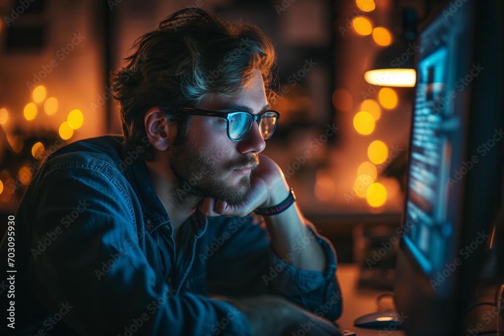 Pensive office employee staring at a glowing computer screen, feeling hopeful as they plan their career goals. A Professional man Working Late into the Night. Pensive office employee staring at a glowing computer screen, feeling hopeful as they plan their career goals. A Professional man Working Late into the Night.