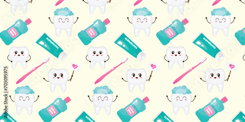 Seamless pattern of teeth care equipment and stuff. Vector illustration. Cartoon style. Items for dental and oral care. Toothpaste, toothbrush, mouthwash, tooth. 