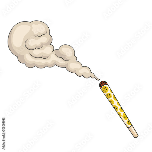 Marijuana joint isolated on white background. Spliff, smoking drug cigarette. Vector illustration. Joint with emoji print. Editable stroke.