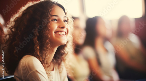 Joyful young girl with curly hair smiling brightly in an audience, with soft bokeh lights in the background.