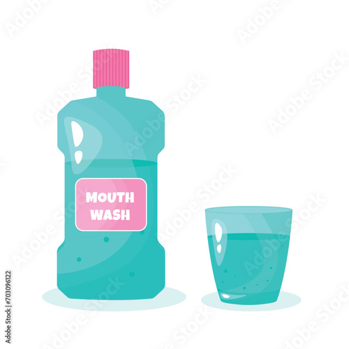 Mouthwash and glass of water isolated on white background. Vector illustration in catroon style. Teeth care product. Oral hygiene. photo
